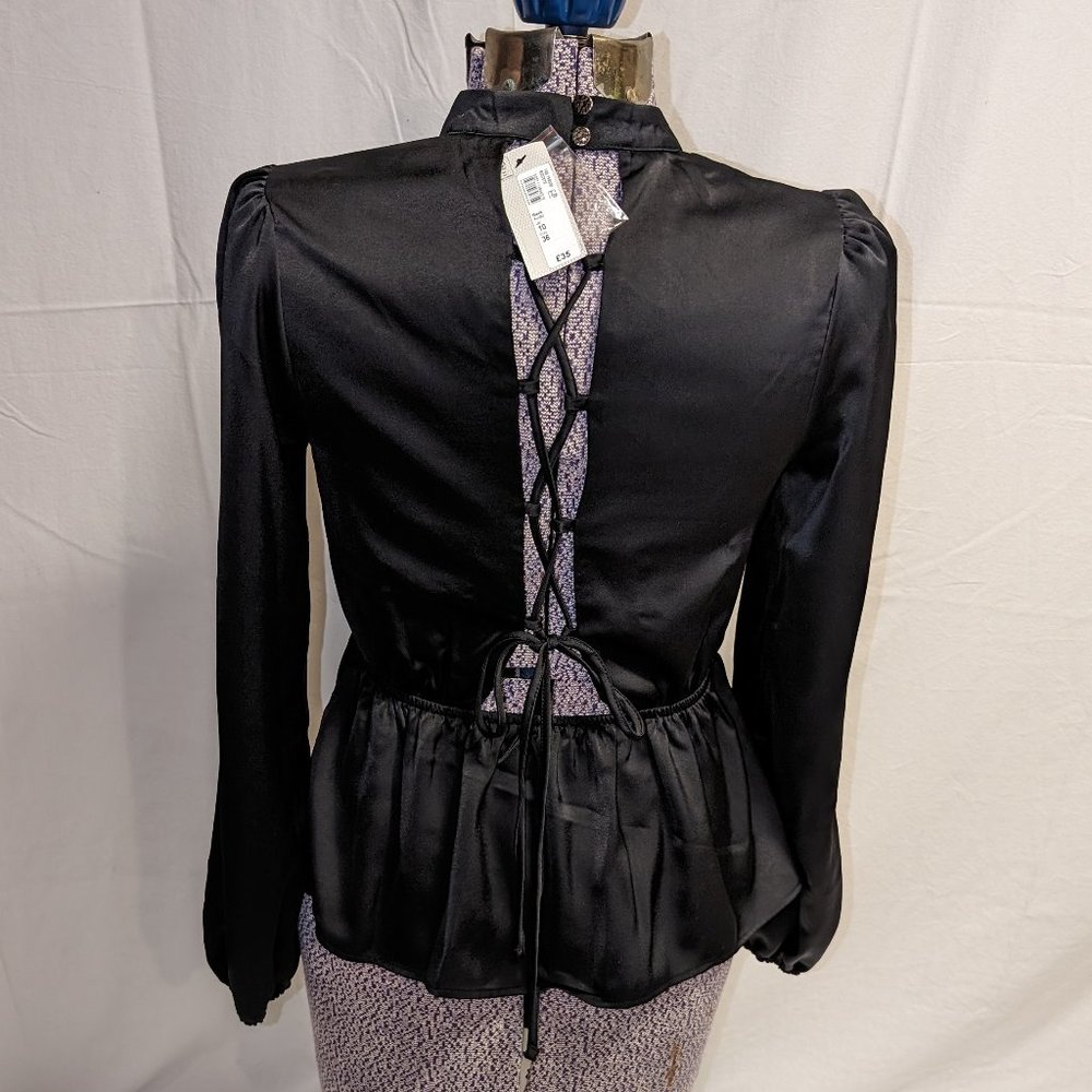River Island Black Lace Up Back Peplum Blouse, UK 10/US 8
